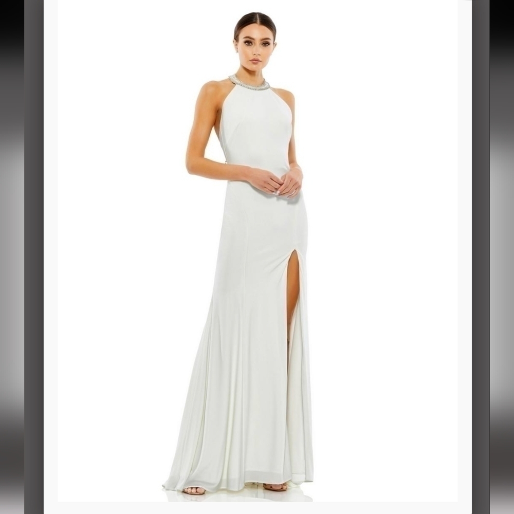 IEENA by Mac Duggal beaded crystal halter gown in white size 12